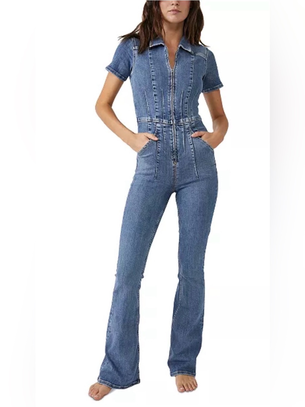 We The Free Light Blue Denim Short Sleeve Jumpsuit Overalls